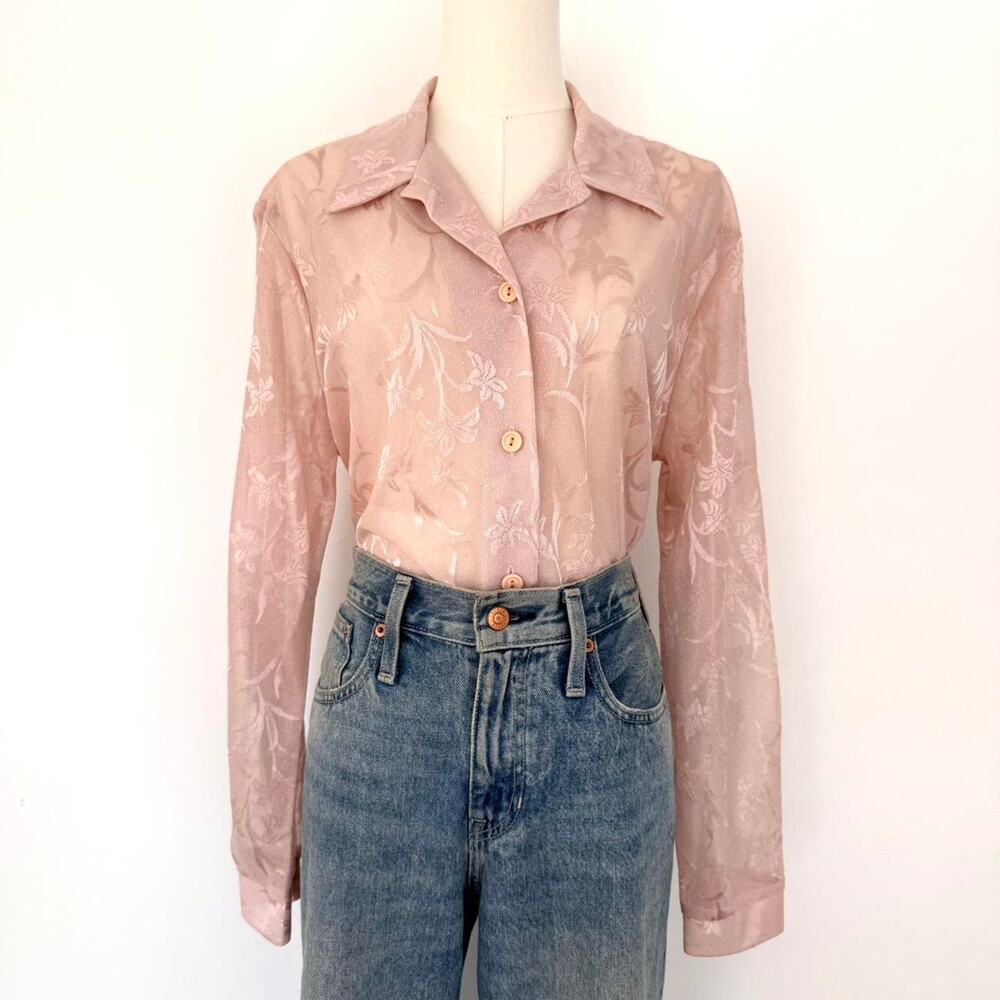VINTAGE SHEER PINK FLORAL LACE BUTTON-UP TOP